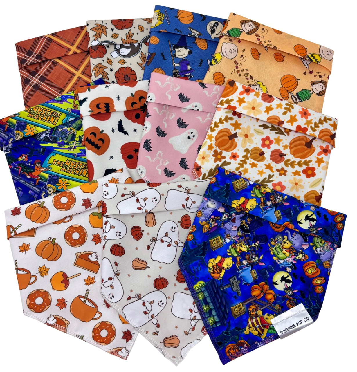 Assorted fall and Halloween dog bandanas by Sunshine Pup Co.
