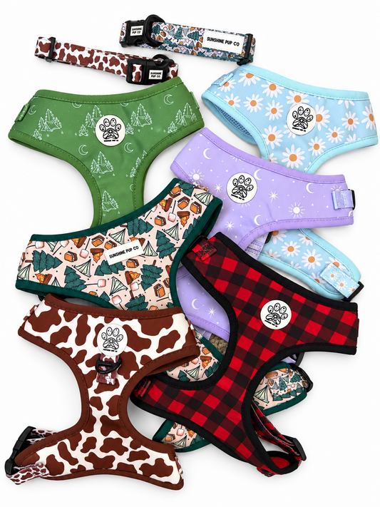 Assorted Sunshine Pup Co dog harnesses in six printed designs